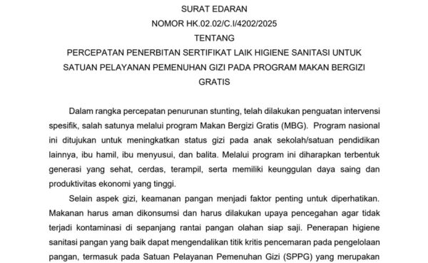Kemenkes Terbitkan Edaran Percepatan Penerbitan Sertifikat Laik Higiene Sanitasi untuk Dapur MBG