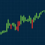 Vector illustration of a financial chart using candlestick patterns. Green and red bars indicate market trends on a grid background